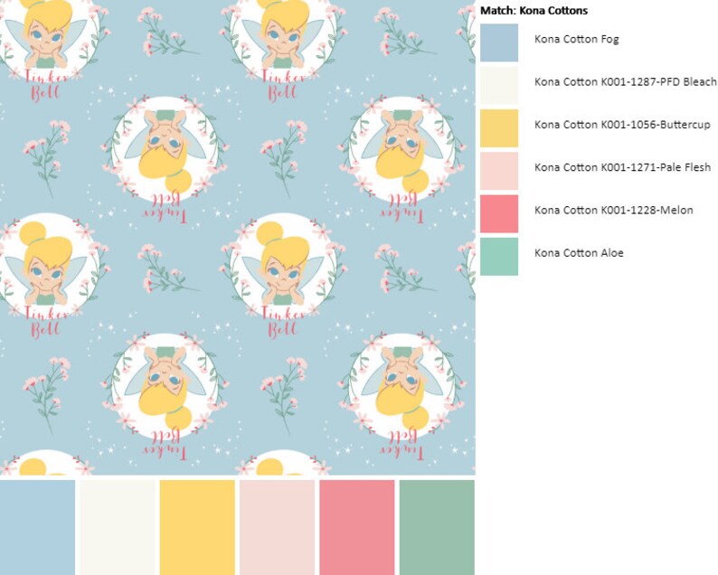 Camelot 85400303-2 Peter Pan Fabric by the Yard Tinker Bell Floral Badges Light Blue