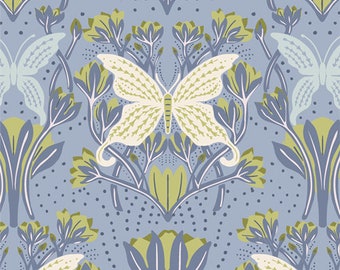 Floral Cotton Fabric by the Yard - Fresh Linen Butterfly Reflection Dusk - Katie O'Shea for Art Gallery FRE32303