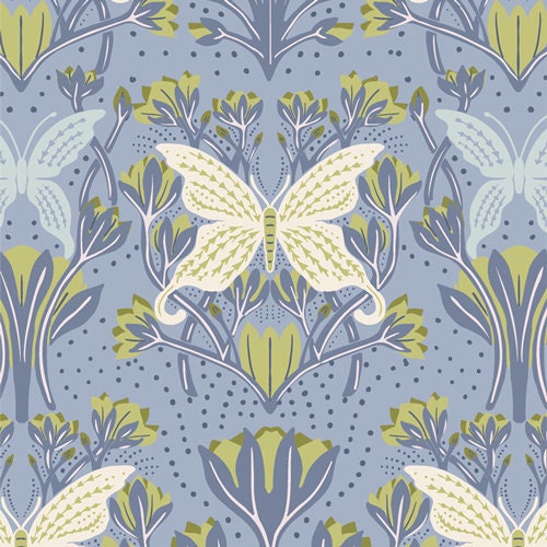 Floral Cotton Fabric by the Yard - Fresh Linen Butterfly Reflection Dusk - Katie O'Shea for Art Gallery FRE32303