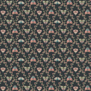 May include: A repeating pattern featuring butterflies and floral elements. The butterflies have pink, blue, and green wings, set against a dark background. The floral elements are pink and green, creating a whimsical design.