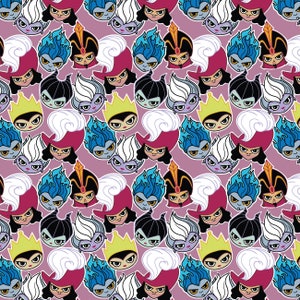 Disney Cotton Fabric by the Yard - Disney Villains Kawaii Cute Villain Faces Purple - Camelot 85130702-1
