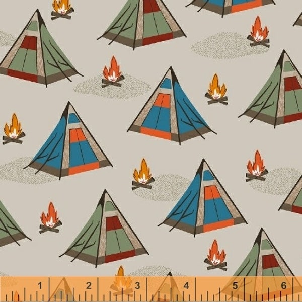 Camping Cotton Fabric by the Yard - Bear Camp Tents Khaki - Windham Fabrics 51560-1