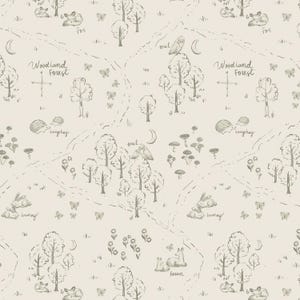 May include: A seamless pattern featuring woodland creatures and plants in a hand-drawn style. The pattern includes a fox, owl, hedgehog, bunny, fawn, butterflies, mushrooms, and trees. The text "Woodland Forest" appears twice in the pattern.
