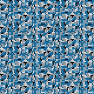 May include: A repeating pattern of blue, gray, black, and white pixelated shapes. The design is a mosaic of small, irregular rectangles and squares, creating a textured, digital camouflage effect. The color palette is dominated by shades of blue.