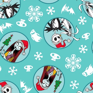 May include: A teal blue background with a repeating pattern of Jack Skellington and Sally from the Nightmare Before Christmas. The characters are wearing Santa hats and are surrounded by snowflakes, skulls, and bats.