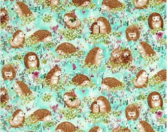 Hedgehog Cotton Fabric by the Yard - Hedgehog Village Hedgehogs Turquoise - Paintbrush Studio 120-13741
