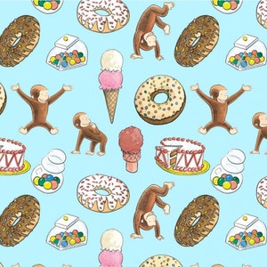 Curious George Cotton Fabric by the Yard - Curious George Balloons Sweets Aqua  - Springs Creative 68351-A620710