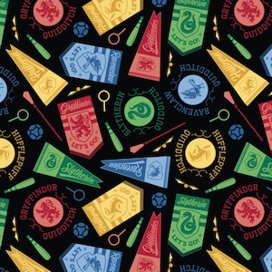 May include: Black fabric featuring a repeating pattern of Hogwarts house crests, pennants, and Quidditch-themed elements. Includes Gryffindor, Hufflepuff, Ravenclaw, and Slytherin emblems, along with Quidditch balls and wands.