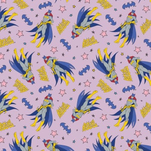 Batgirl Cotton Fabric by the Yard - DC Comics Super Hero Doodles Batgirl Hero Toss Doodle Lavender - Camelot 23400960-2