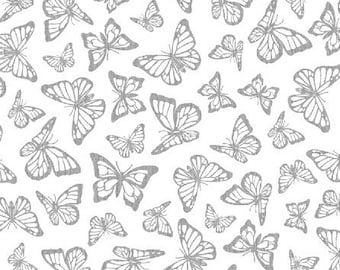 Butterfly Cotton Fabric by the Yard - Precious Metals Butterflies White with Metallic Silver - Windham Fabrics 51407M-3