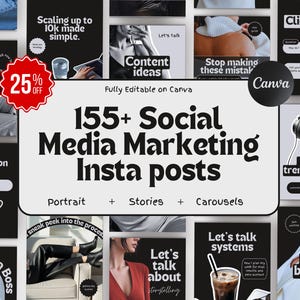 Può includere: Un collage di oltre 155 modelli di post di Instagram per il marketing sui social media. I modelli sono completamente modificabili su Canva e includono formati ritratto, storia e carosello. I modelli presentano una varietà di design, tra cui post basati su testo, post basati su immagini e post basati su video. I modelli sono progettati per aiutare le aziende e gli individui a far crescere la loro presenza sui social media.