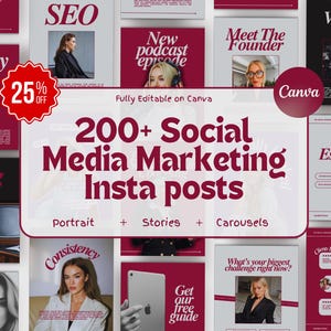 Può includere: Un collage di immagini che promuovono consigli e strategie di marketing sui social media. Le immagini presentano una varietà di argomenti, tra cui SEO, podcasting, diventare virali e coerenza. Il testo "200+ Social Media Marketing Insta posts" è visualizzato in modo prominente al centro del collage.