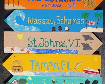 Handmade Wooden Destination Arrow Sign, Personalized Tropical Decor