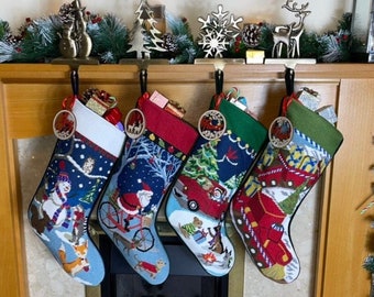 Needlepoint Christmas Stockings with linen cotton Cuff/Hand Sewn/Nostalgic traditional design/Embroidered Name/ Christmas 2025