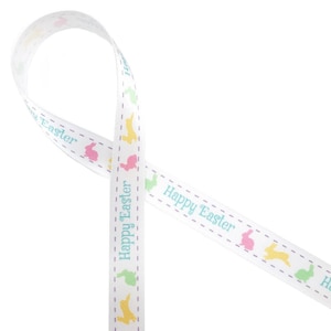 Easter Ribbon  Happy Easter bunnies, for Easter baskets, Easter Brunch, gift wrap, party favors, egg hunts, printed on 5/8"white  satin
