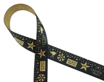 Movie Night Ribbon ideal for Movie parties, Outdoor movies, movie parties, gift wrap, Hollywood theme party, printed on 7/8" dijon gold