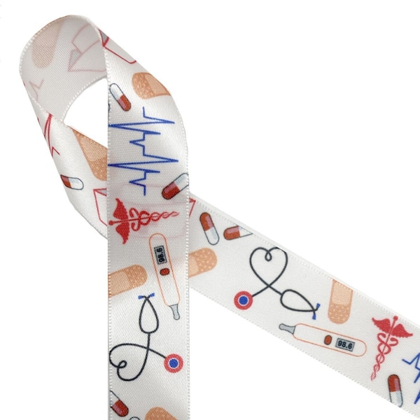 Nurse ribbon medical theme for lanyards, gift wrap, quilting, nurse appreciation, sewing,  printed on 5/8" and 7/8"  white satin ribbon