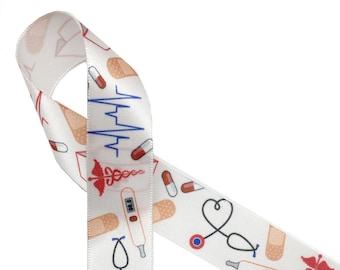 Nurse ribbon medical theme for lanyards, gift wrap, quilting, nurse appreciation, sewing,  printed on 5/8&quot; and 7/8&quot;  white satin ribbon