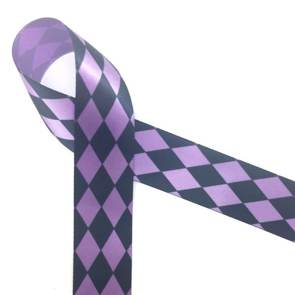 Harlequin ribbon in black printed on 7/8" purple single face satin ribbon