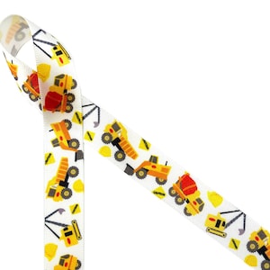 Construction vehicle ribbon for birthday parties, Father's Day, party favors, cookies, gift wrap, gift baskets printed on 5/8" white satin