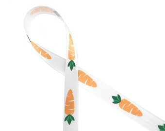 Easter Ribbon Carrots with greens ideal for Easter baskets, Easter Brunch, gift wrap, Egg hunts, candy shops, printed on 5/8" white satin