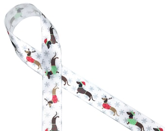 Dachshund ribbon in Christmas sweaters  for gift wrap, pet gifts, pet wreath, pet gift baskets, dog collars, printed on 5/8&quot; white satin