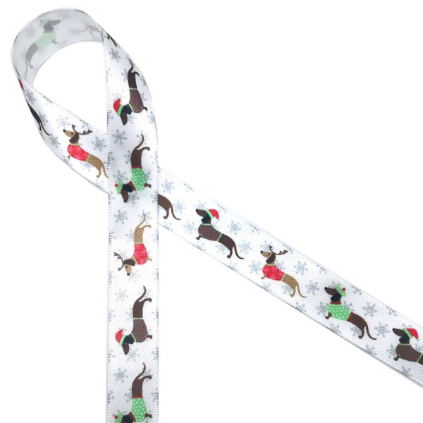 Dachshund ribbon in Christmas sweaters  for gift wrap, pet gifts, pet wreath, pet gift baskets, dog collars, printed on 5/8" white satin