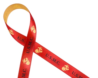 United States Marines ribbon logo in gold on red for marines, deployment, retirement, military service, favors, printed on 5/8" gold satin