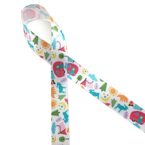 Camping ribbon Glamping party, party favors, party decor, gift wrap, gift baskets, crafts sewing and quilting printed on 5/8" white satin