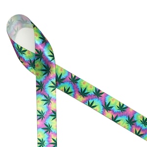 Weed ribbon tie dyed with Marijuana leaves ideal for gift wrap, CBD products, pet products, cookies, quilting printed on 7/8" white satin