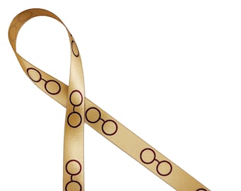 Wizard ribbon eye glasses, spectacles  party decor, gift wrap, tree trim, baby shower, favors,  quilting printed on 5/8&quot; dijon gold satin