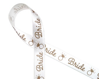 Bridal ribbon Bride for weddings, bridal shower, engagement party, bachelorette, wedding gift, gift wrap, in gold printed  on 5/8" satin