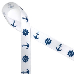 Nautical ribbon boat theme with anchors for party favors, gift wrap, wedding favors, beach party, navy blue printed on 5/8" white satin