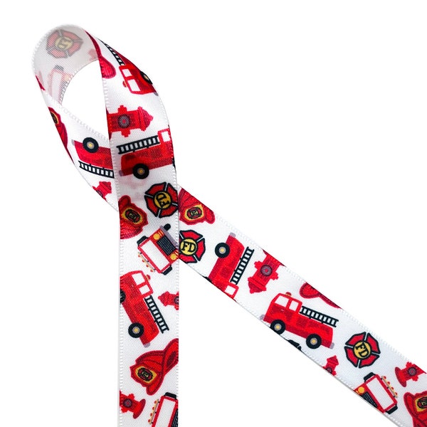 Fire truck ribbon in red and black with hats and hydrants ideal for Birthday parties, favors, gift wrap printed on 5/8" white satin ribbon