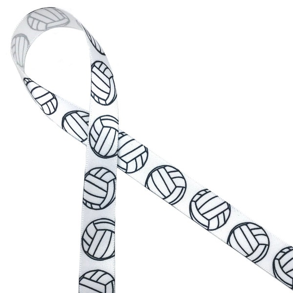 Volleyball ribbon in black and white ideal for banquets, party favors, sports theme, party decor, quilting printed on 5/8" white satin