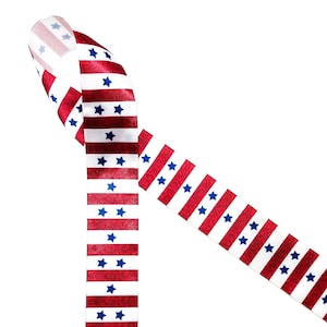 Patriotic ribbon stars and stripes for 4th of July, party decor, party favors, table decor, quilting, printed on  5/8" and 7/8"  white satin