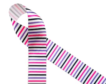Stripe ribbon lavender, black and pink for Halloween gift wrap, party decor, favors, head bands, fascinators, printed on 7/8" white satin