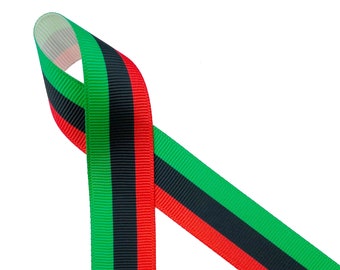 African Flag ribbon ideal for Black History Month, Juneteenth, crafts gift wrap, gift baskets, quilting, printed on 7/8" white grosgrain
