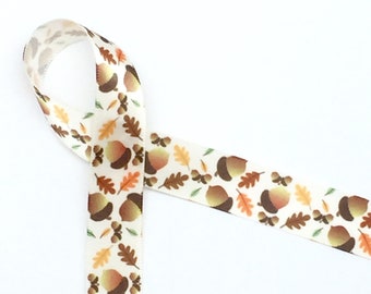 Acorn ribbon with Oak leaves for Fall decor, Fall gift baskets, gift wrap, party favors, cookies, Bake sales printed on 5/8" antique white