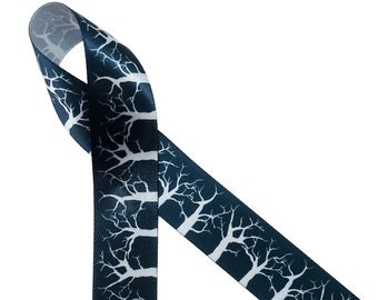 Halloween ribbon spooky trees for gift wrap, gift baskets, party decor, party favors, candy shops, quilting, printed on 7/8" silver satin