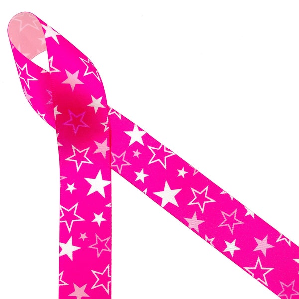 Hot pink ribbon with white stars for tween birthday, doll theme party, bachelorette party, bridal shower, bows, printed on 7/8" white satin