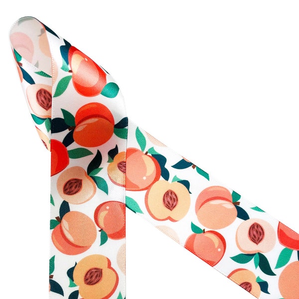 Peaches ribbon,  Summer Fruit ribbon for gift wrap, gift baskets, party favors, wreaths, crafts, quilting, printed on 7/8" and 1/5" satin