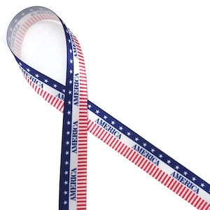 Patriotic ribbon America for 4th of July, Americana, party favors, party decor, gift wrap, floral design, crafts printed on 5/8" white satin