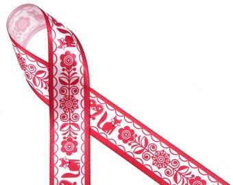 Valentine ribbon Scandinavian folk art design ideal for gift wrap, quilting,  candy shop, party favor, wreaths, printed on 7/8" white satin