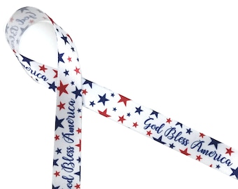 Patriotic ribbon God Bless America ideal for 4th of July, Americana, party decor, floral design, party favors,  printed on 5/8" white satin