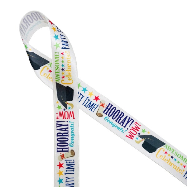 Graduation ribbon word block for gift wrap, candy shop, party favors, cookies, sweets table, cake pops, printed on 5/8" and 7/8" white satin