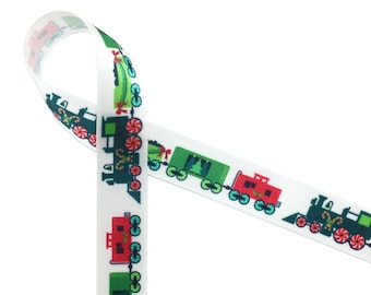 Train ribbon ideal for Christmas  gift wrap, favors, tree trim, wreaths, party decor, quilting, sewing, crafts printed on 5/8" white satin