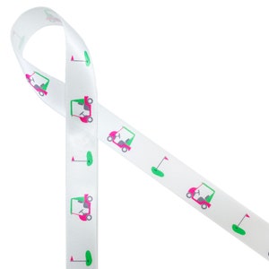 Golf ribbon with carts and flags pink and green for tournaments, favors, gift wrap, Mother's Day, birthday, banquets on 5/8" white satin