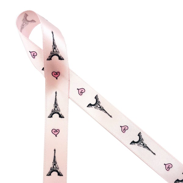 Eiffel Tower ribbon for Paris and French themed parties, bridal showers, gift wrap, cookies, party favors printed on 5/8" lt. pink satin