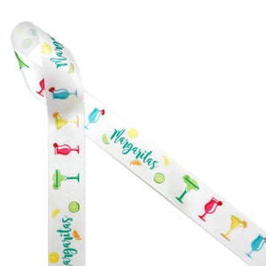Margarita ribbon with tropical drinks for Cinco de Mayo, Fiestas, Southwestern parties, favors, table decor, printed on 7/8&quot; white satin